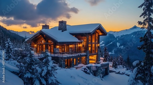 Beautiful alpine chalet in the mountains at sunset.
 photo