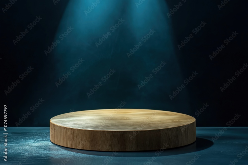 Wooden display platform illuminated by blue light, dark background