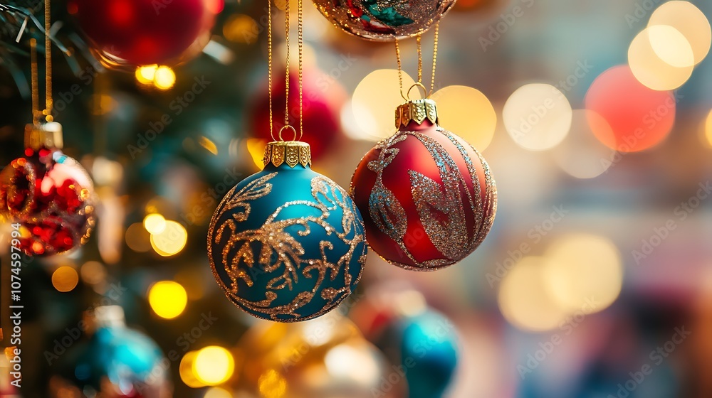 Closeup of Blue and Red Christmas Ornaments Hanging on a Tree Branch with Gold Chains and Bokeh Lights in the Background Closeup of Blue and Red Christmas Ornaments Hanging on a Tree Branch with Gold Chains and Bokeh Lights in the Background