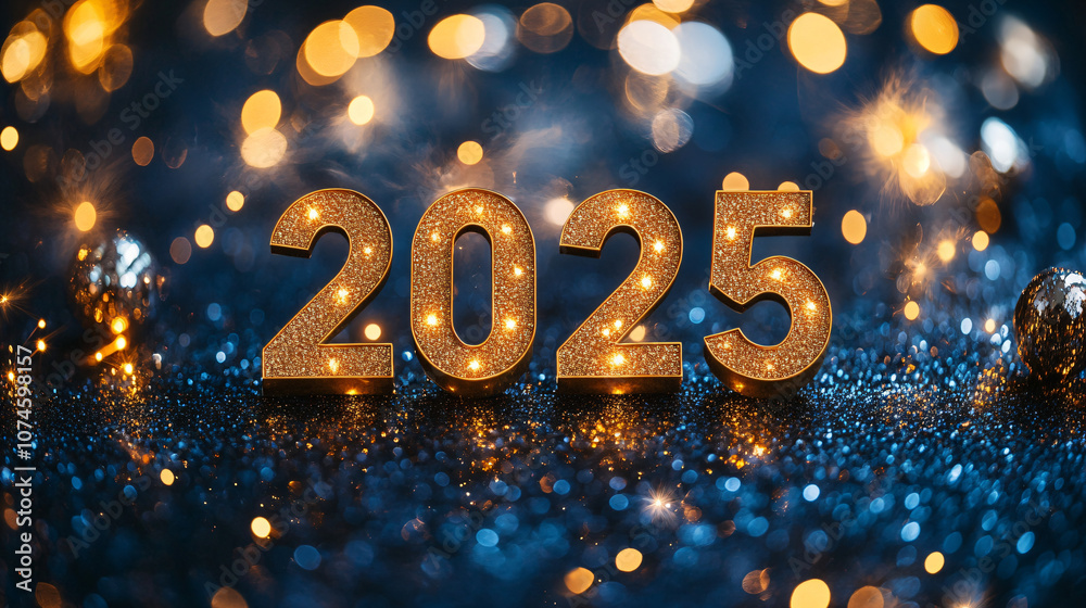 Golden number 2025 and fireworks on blue sparkle and glitter bokeh background. Merry Christmas and Happy New Year celebrating winter holiday background. Golden number 2025 and fireworks on blue sparkle and glitter bokeh background. Merry Christmas and Happy New Year celebrating winter holiday background.