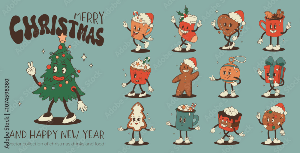 Fototapeta premium Christmas groovy foods and drinks design with coffee, hot cocoa, cookie, gingerbread, present, christmas tree in trendy retro cartoon style. Mascot Character in old 50s, 60s, 70s Vintage Style
