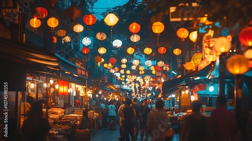 Vibrant Night Market Scene: Bustling Asian Street Food Stalls & Lanterns.