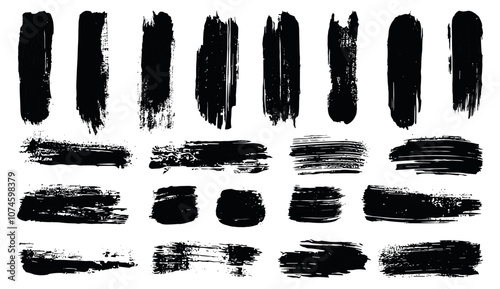 Set of grunge artistic brush paint strokes. Black color. Dried smears diverse paintbrush lines mud. Abstract unique inky lines. Graphic design, decoration, texture elements. Vector clipart collection