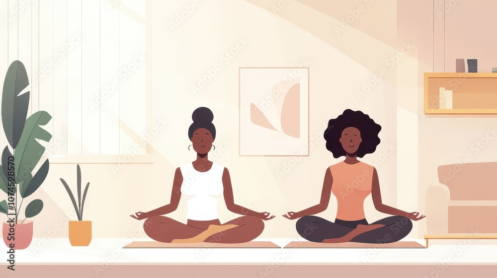 Women Practicing Yoga Together in Modern Living Room Women Practicing Yoga Together in Modern Living Room