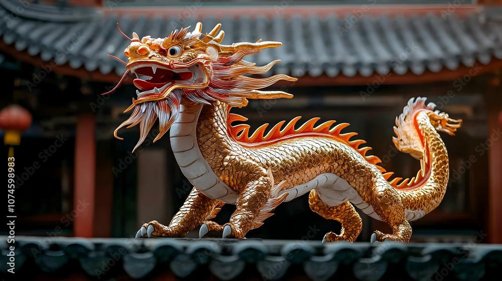 Fototapeta premium Golden Dragon Sculpture on a Roof Illustration