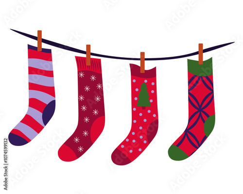 Christmas socks on a rope, plot for a winter card or poster