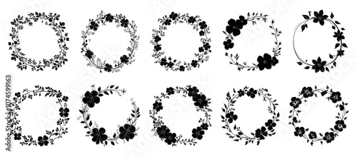 Simple black elegant round flower frame set. Circular floral wreath with flowers leaves buds. Nature spring summer decorative element. Black and white simple flat style. Isolated vector on white