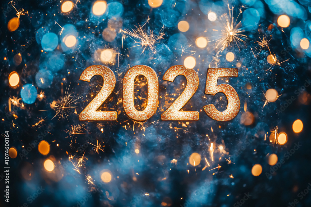 Golden number 2025 and fireworks on blue sparkle and glitter bokeh background. Merry Christmas and Happy New Year celebrating winter holiday background. Golden number 2025 and fireworks on blue sparkle and glitter bokeh background. Merry Christmas and Happy New Year celebrating winter holiday background.