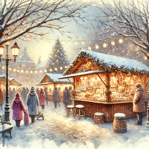 Aquarell eines festlichen Weihnachtsmarktes mit Schnee in der Altstadt