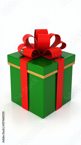 Festive Green Gift Box with Red Ribbon and Gold Trim: Perfect for Holiday Promotions or Special Occasion Advertising