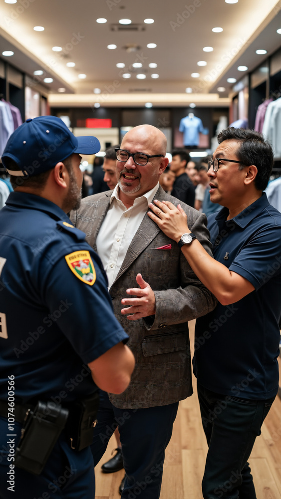 Retail Confrontation: Security Guard Faces Angry Customers in Clothing Store - Ideal for Customer Service Training Retail Confrontation: Security Guard Faces Angry Customers in Clothing Store - Ideal for Customer Service Training