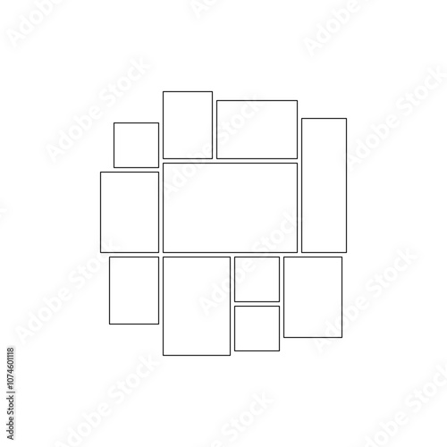 Frame collage from square and rectangle shape for photo, image template line set. Mood board layout, background. Gallery grid, mosaic puzzle border. Vector outline illustration