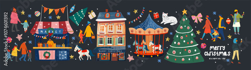 Christmas market. Vector festive cute illustrations of New Year kiosk shop or stall, house, carousel with horses, walking family and people in winter clothes, Christmas tree