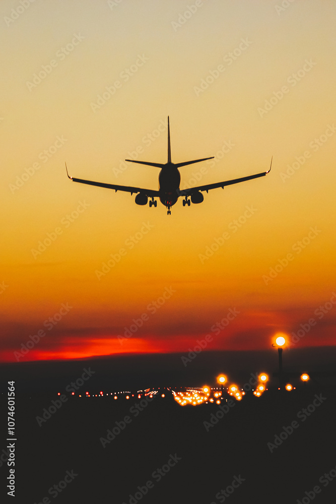 Airplane landing on the runway during sunset and night Airplane landing on the runway during sunset and night
