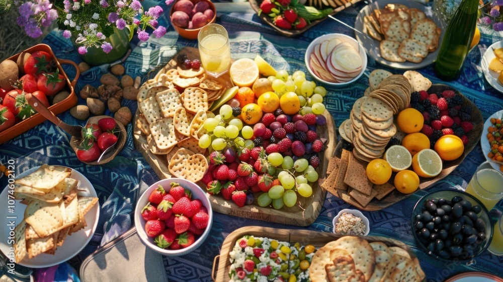 A picnic spread filled with colorful fruits vegetables and crackers paired with refreshing homemade lemonade. A picnic spread filled with colorful fruits vegetables and crackers paired with refreshing homemade lemonade.