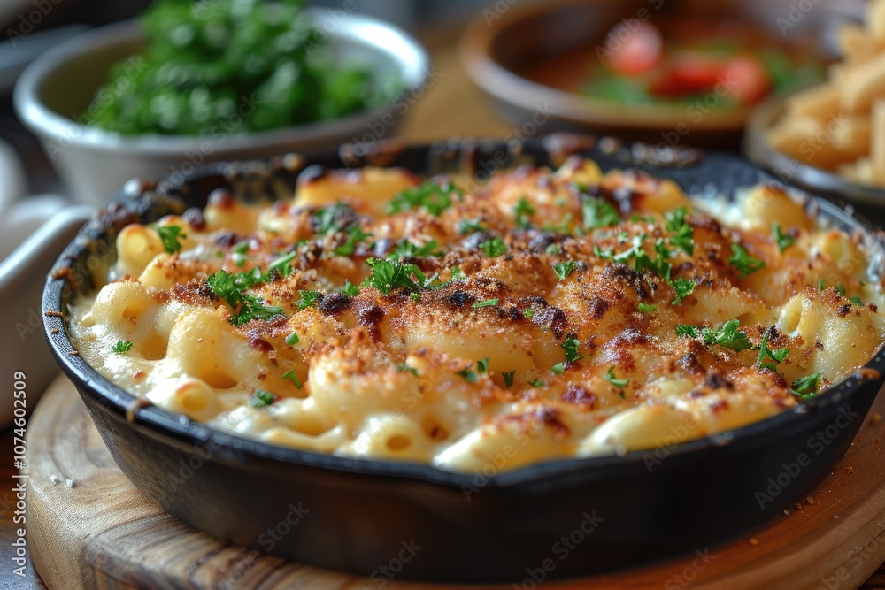 Close-up of Creamy Macaroni and Cheese with Parsley Garnish in a Black Cast Iron Dish Close-up of Creamy Macaroni and Cheese with Parsley Garnish in a Black Cast Iron Dish