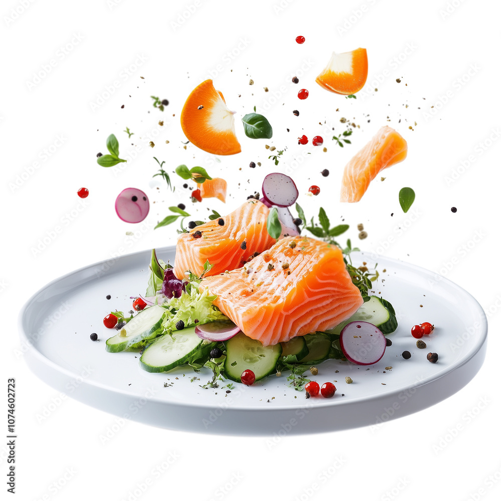 Fresh salmon with vegetables on a white plate isolated on transparent background Fresh salmon with vegetables on a white plate isolated on transparent background