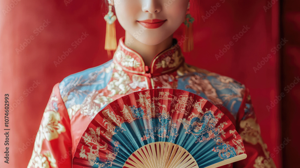Elegant young Asian woman in traditional Chinese dress holding a decorative fan Elegant young Asian woman in traditional Chinese dress holding a decorative fan