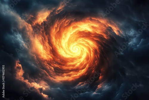 Swirling fiery vortex in dark stormy clouds, dramatic orange and black hues