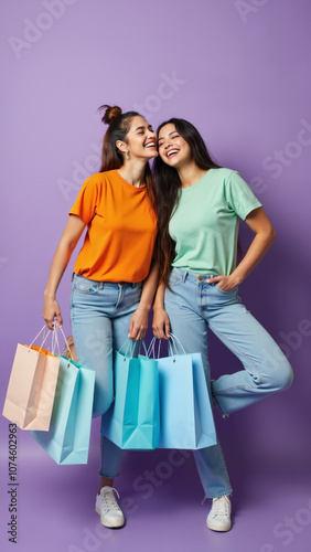 Young Women Enjoying Shopping Spree: Vibrant Friendship and Retail Therapy for Fashion Ads or Lifestyle Blogs