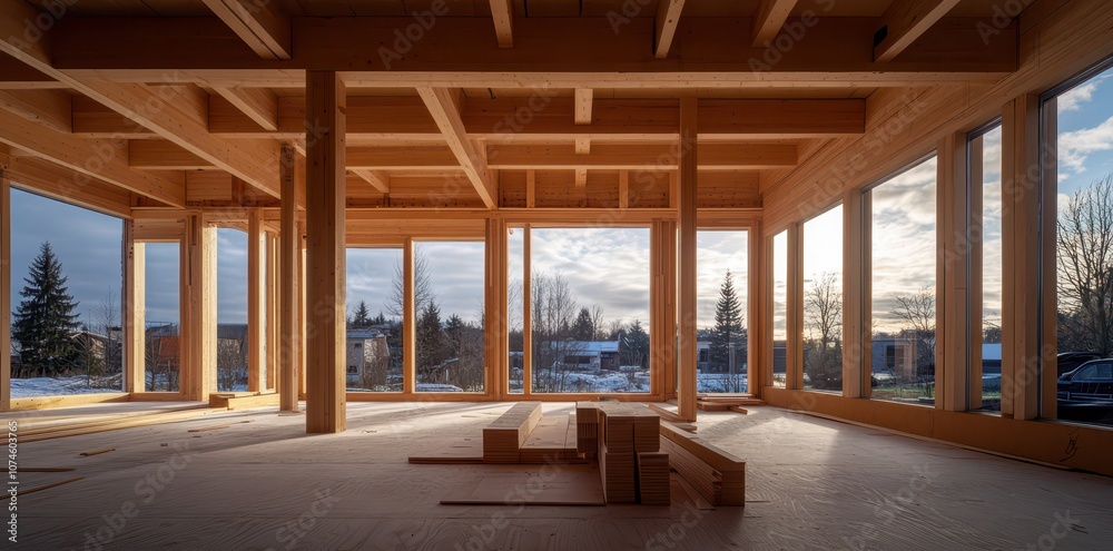 Wooden framework of a new house under construction against a clear blue sky, showcasing modern architecture. Wooden framework of a new house under construction against a clear blue sky, showcasing modern architecture.