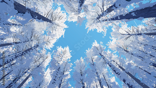 Snowy winter wonderland horizontal landscape. Cartoon style vector illustration of looking up at a blue sky through snow covered trees. Blue and white colors. Wild nature beauty. Tranquil Christmas