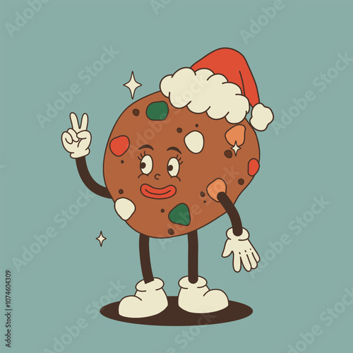 Christmas groovy foods and drinks design with coffee, hot cocoa, cookie, gingerbread, present, christmas tree in trendy retro cartoon style. Mascot Character in old 50s, 60s, 70s Vintage Style