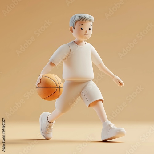 Minimalist 3D illustration of a young boy playing basketball, dressed in simple athletic attire. Character in a dynamic pose with a basketball, perfect for sports and youth themes.
