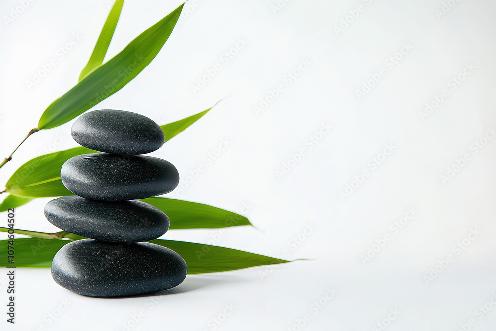 a stack of black rocks and bamboo leaves on a white background a stack of black rocks and bamboo leaves on a white background