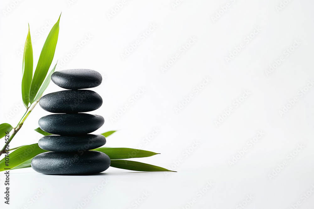 a stack of black rocks and bamboo leaves on a white background a stack of black rocks and bamboo leaves on a white background
