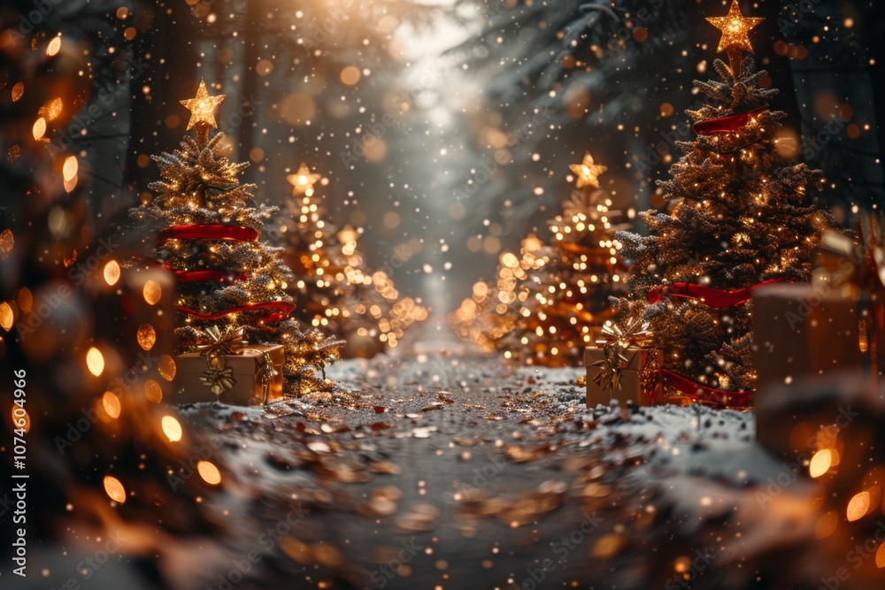 Naklejka premium Christmas tree path with many trees and gift boxes. Festive and joyful