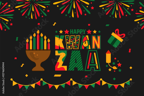 Happy Kwanzaa fireworks celebration background, poster or banner design template. annual celebration of African American culture from December 26 to January 1. Holiday concept.