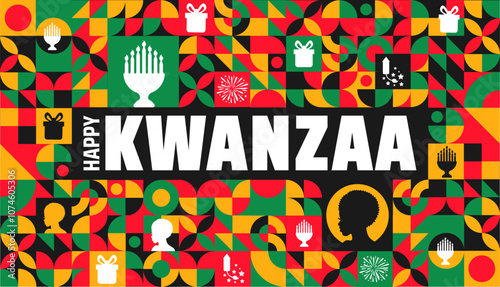 Happy Kwanzaa geometric shape pattern celebration background, poster or banner design template. annual celebration of African American culture from December 26 to January 1. Holiday concept.