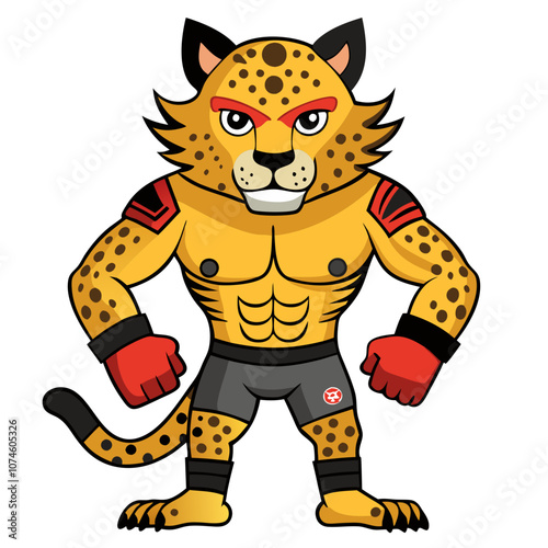 Powerful Cheetah Mascot: Ready to fight, this fierce and muscular cheetah mascot is a symbol of strength, speed, and determination.  A perfect mascot for a sports team, brand.