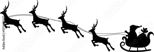 santa flying on sleigh silhouette on white background, vector