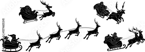 set of santa flying on sleigh silhouette on white background, vector