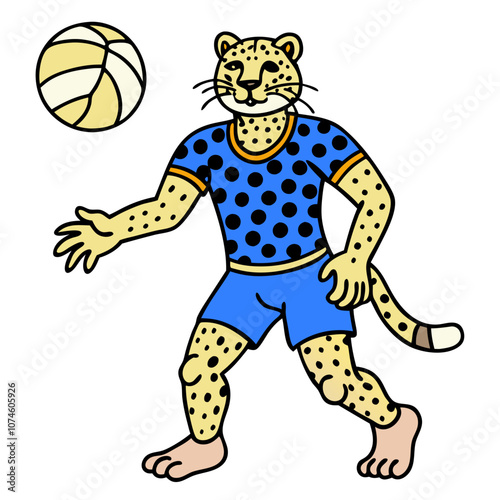 Cheetah Volleyball: A playful cheetah in a blue jersey and shorts, with black polka dots, is ready to serve a volleyball.