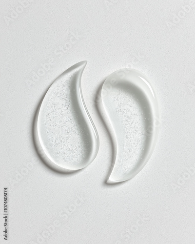 Close up of two flat lat face gel swatches on grey background