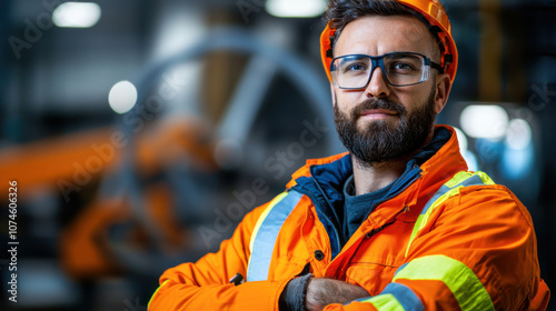 Construction worker in safety gear, confident and focused, with vibrant orange jacket and hard hat, showcasing professionalism in industrial setting