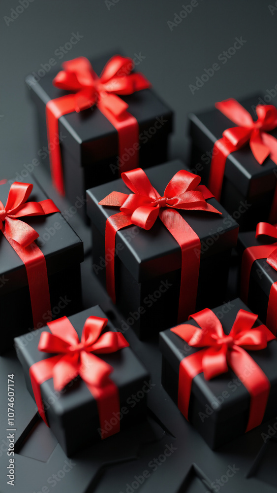 Elegant Black Gift Boxes with Red Bows: Luxurious Present Arrangement for Upscale Events and Holiday Promotions Elegant Black Gift Boxes with Red Bows: Luxurious Present Arrangement for Upscale Events and Holiday Promotions
