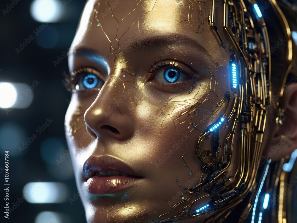 A close-up shot of a female AI robot with intricate facial details, blending futuristic technology and lifelike design in a modern, high-tech setting