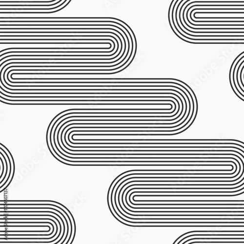 Abstract wavy stripes geometric vector seamless pattern. Hypnotic pattern. Black wavy stripes isolated on white background. Waving parallel lines seamless monochrome vector background.