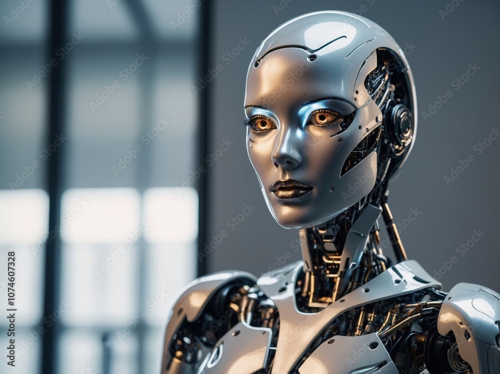 A humanoid female AI robot mannequin wearing modern fashion, showcasing advanced robotic design and sleek details