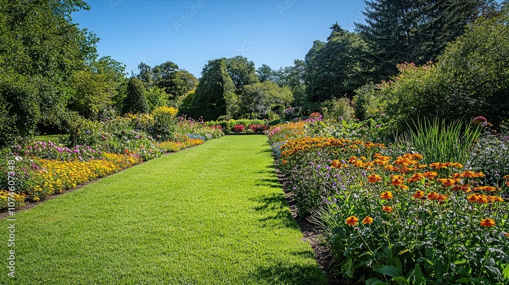 Obraz premium Vibrant summer garden pathway with blooming flowers and lush greenery