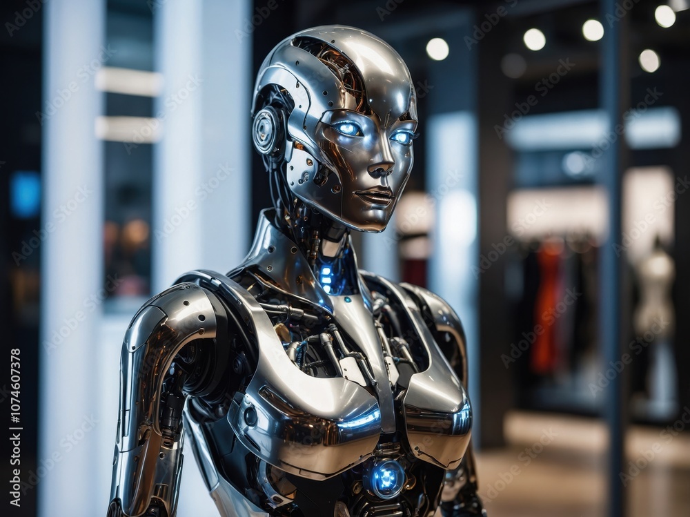 A humanoid female AI robot mannequin wearing futuristic attire, showcasing sleek design, advanced technology, and robotic features in a stylish display A humanoid female AI robot mannequin wearing futuristic attire, showcasing sleek design, advanced technology, and robotic features in a stylish display