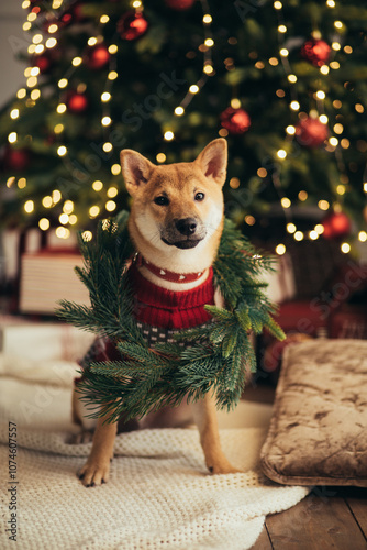 Cute dog wearing knitted sweater sitting under Christmas tree in a decorated living room.