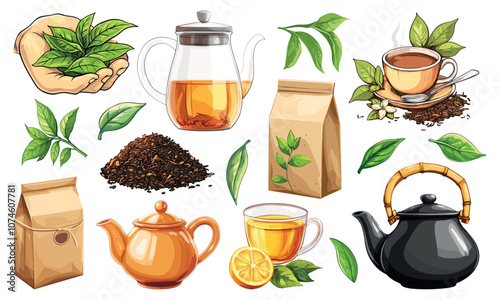 Tea set. Glass teapot with tea clay teapot handful of tea bag green leaves cup of tea. Non alcoholic beverage ceremony tradition. Aromatic healthy drink. Cartoon style isolated vector clipart