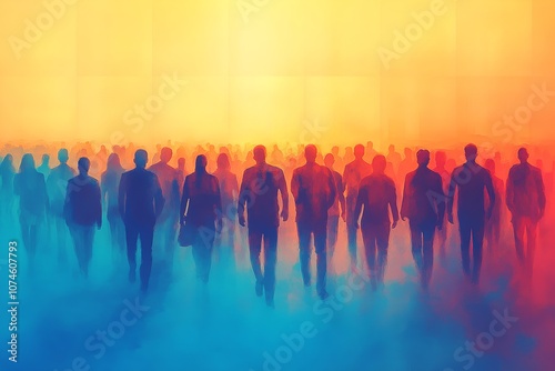 An illustration of a diverse group of people, highlighting the organic nature of human connection, set against a gradient background blending warm oranges into cool blue.