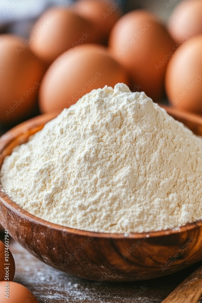 Bowl Of Flour. Brown Eggs In The Background. Ingredients For Baking. Wooden Background. Bowl Of Flour. Brown Eggs In The Background. Ingredients For Baking. Wooden Background.