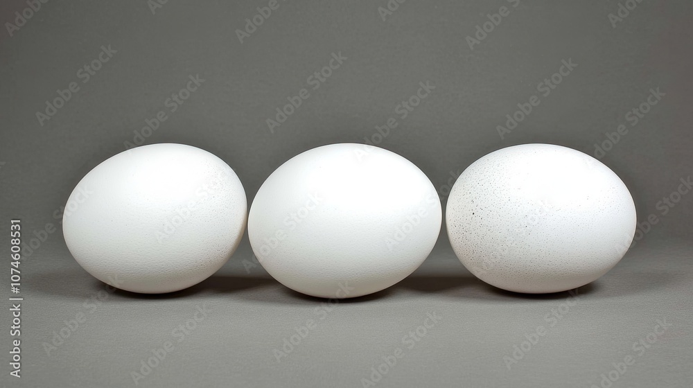 Minimalist composition of three white eggs on a grey background Background, wall, space for text Minimalist composition of three white eggs on a grey background Background, wall, space for text